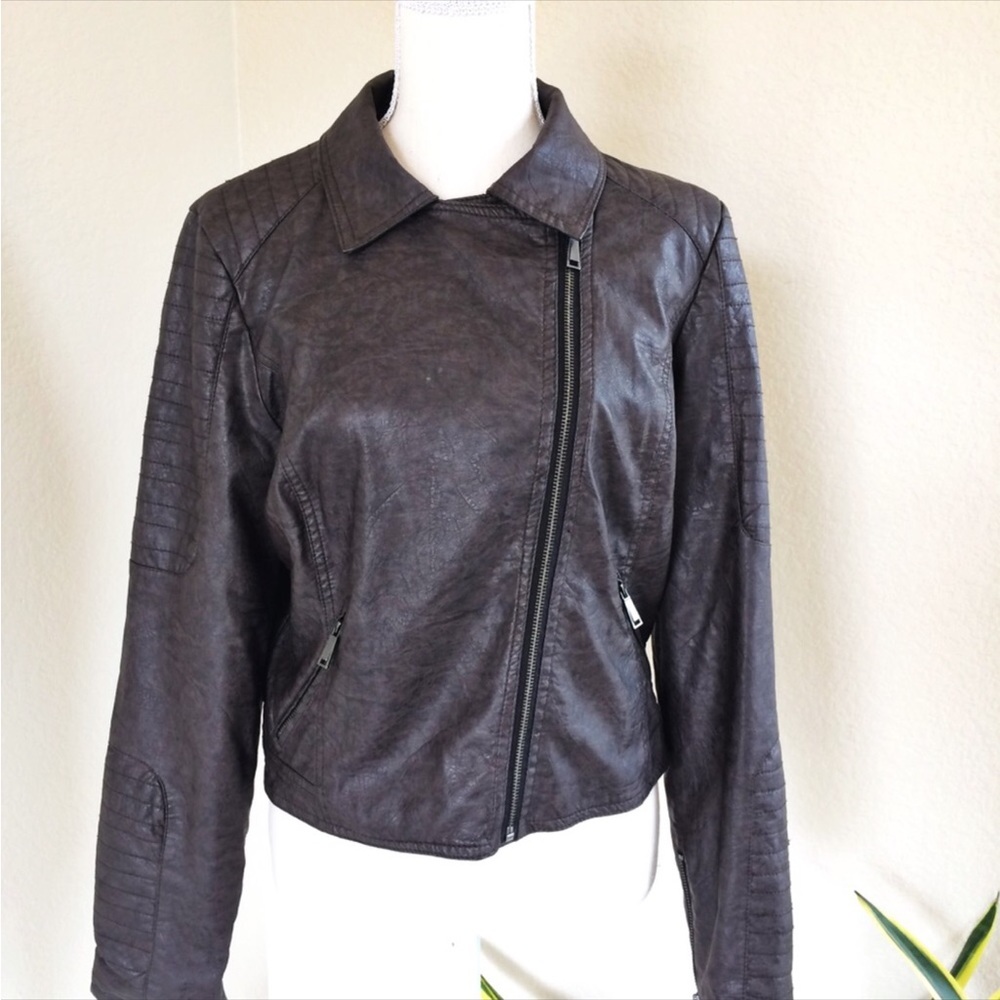 J2 Brown Faux Leather Cropped Moto Lined Jacket - Picture 2 of 16